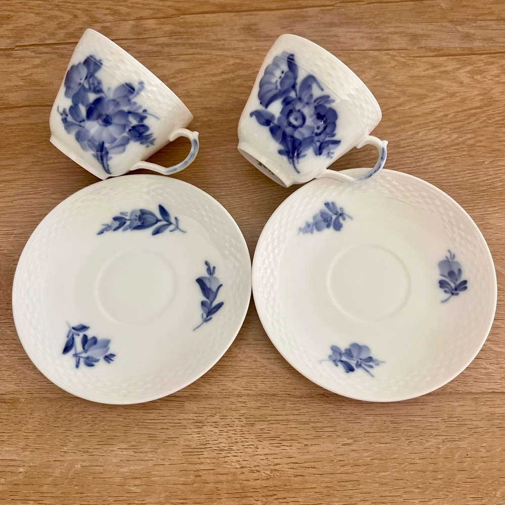2 Sets Vintage 1962s Royal Copenhagen 10/8046 - Blue Flower Braided Cup & Saucer